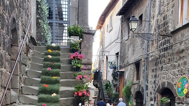 Une ruelle étroite, bordée d’escaliers en pierre et agrémentée de fleurs aux couleurs vives.