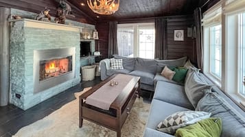 Una televisión, una chimenea