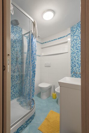 Shower, hair dryer, towels
