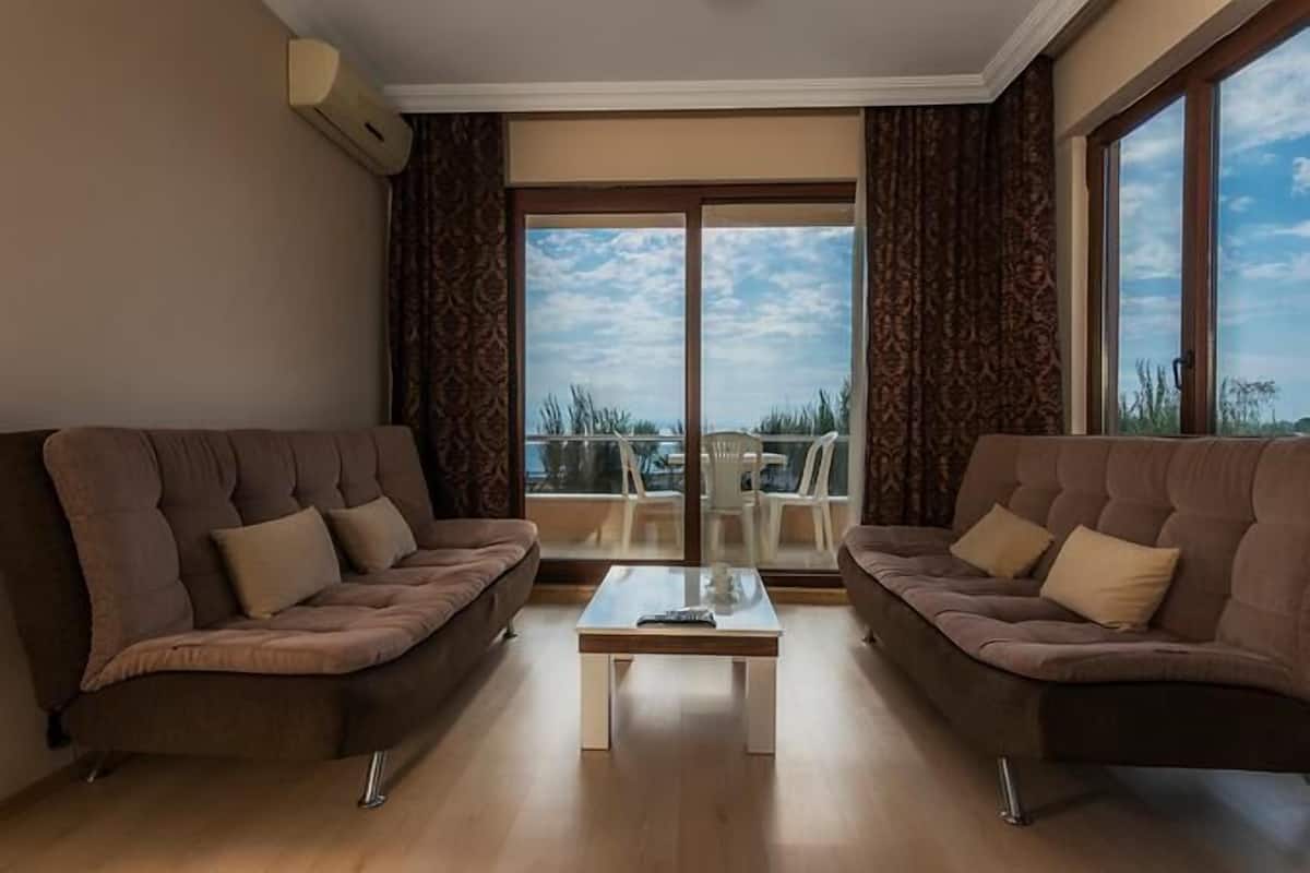 A living room with two brown sofas, a white coffee table, and a large sliding glass door leading to an outdoor area with a view of the sky and greenery.