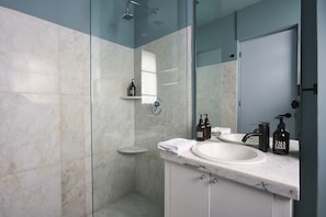Shower, hair dryer, towels