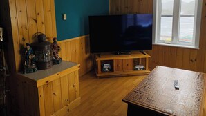 A room with wooden paneling, a television on a wooden stand, a window with a view, and a table with a remote control.