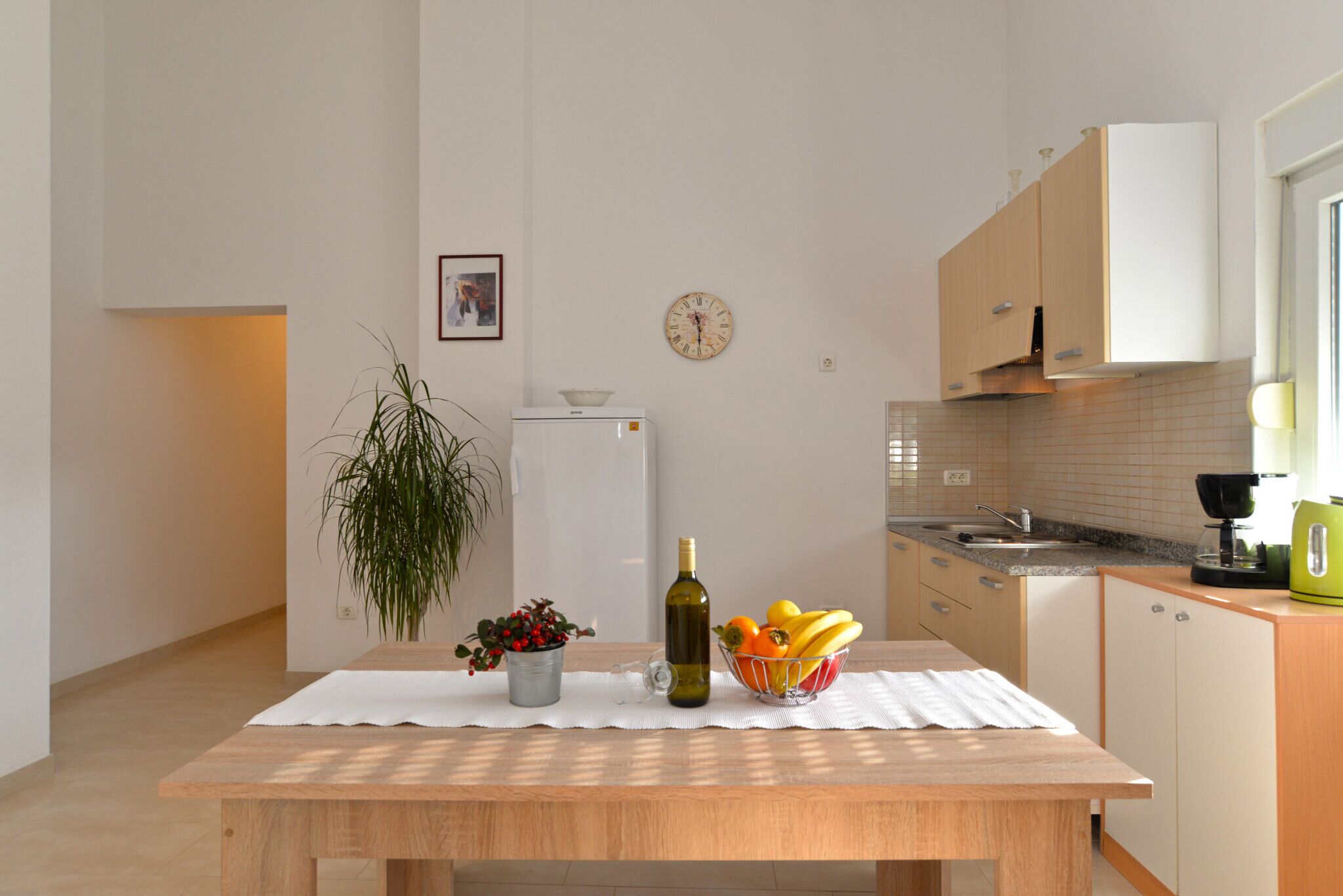 Fridge, coffee/tea maker, cookware/dishes/utensils