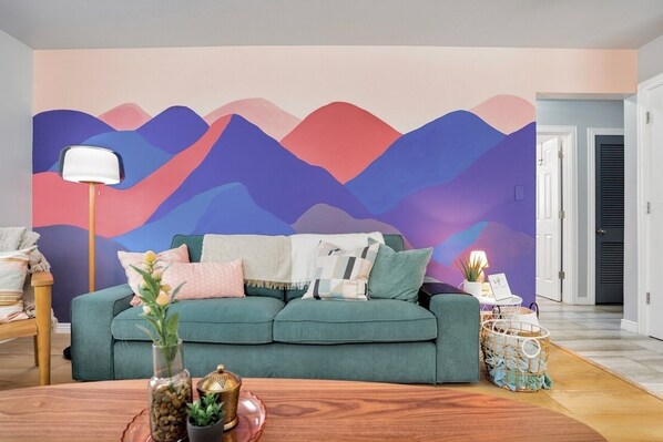 Smart TV, fireplace, books