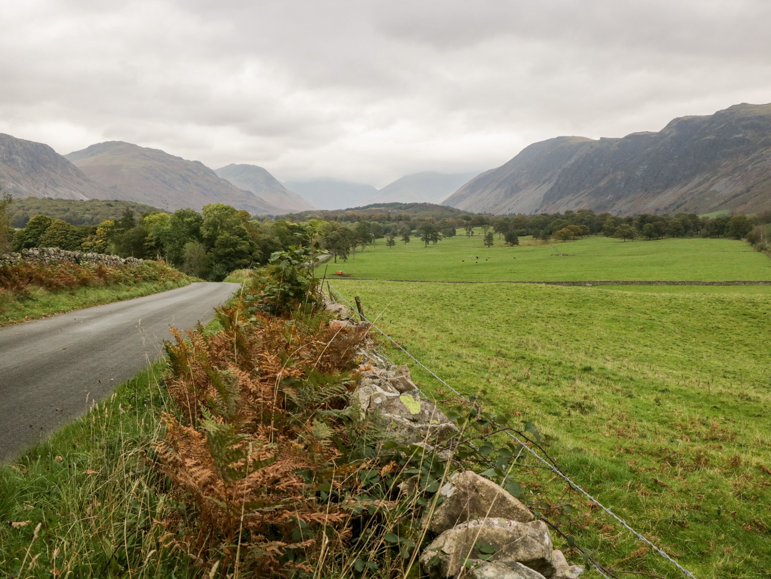 A rural road with stone walls and greenery on one side, leading to a green field and mountains in the distance.