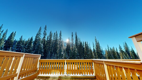 Un balcon en bois offrant une vue sur une forêt dense et un ciel bleu dégagé.