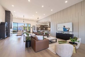 TV connectée, cheminée, livres, espaces bureaux