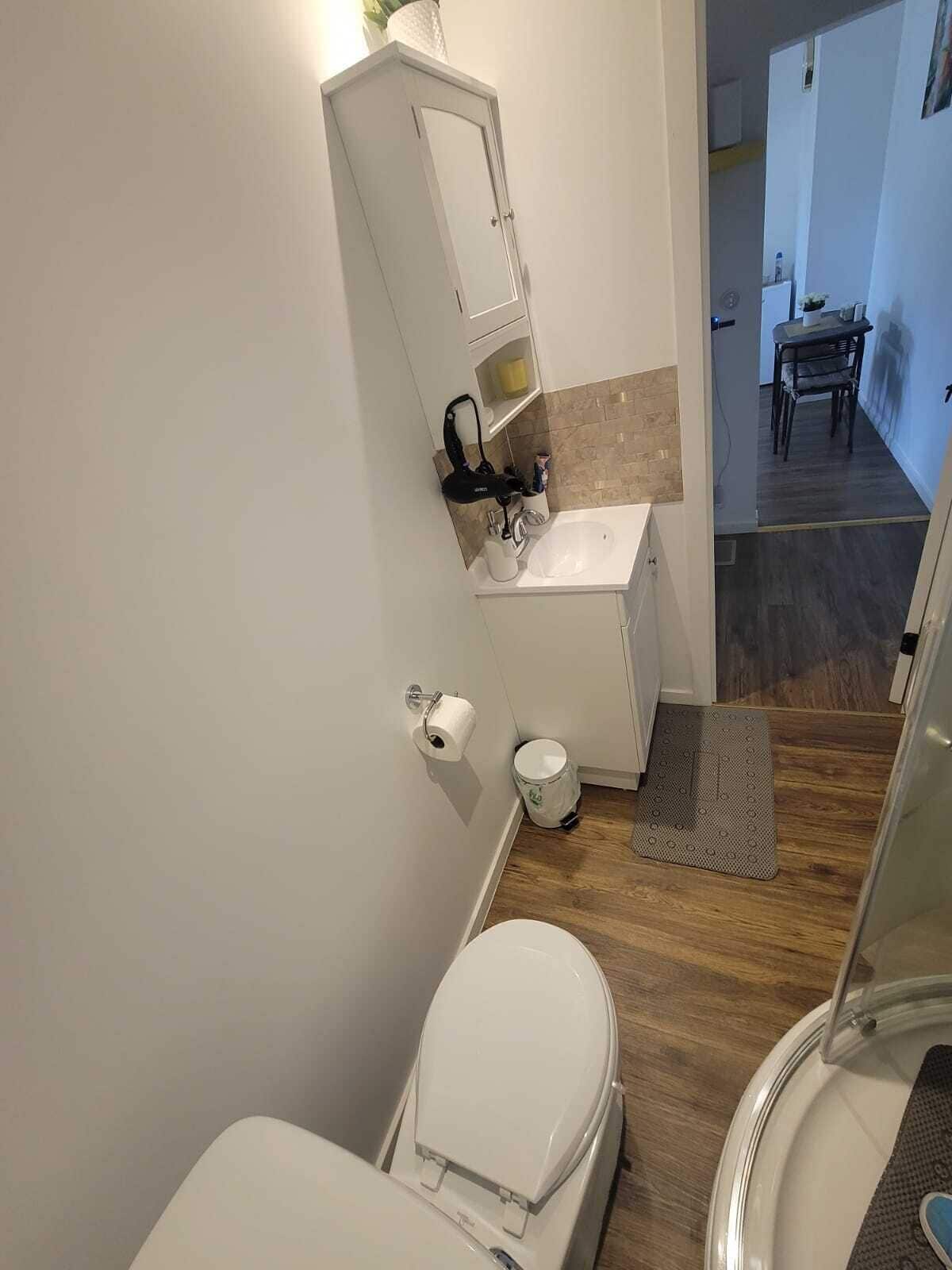 Shower, free toiletries, hair dryer, towels