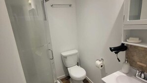 A modern bathroom with a glass shower enclosure, a toilet, and a sink with a mirror above it. - Bright 1 bedroom apartment close to highway, wifi, netflix, prime, free parking (Edmundston)