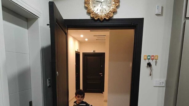 A hallway with a decorative clock, a door, and a small plant.