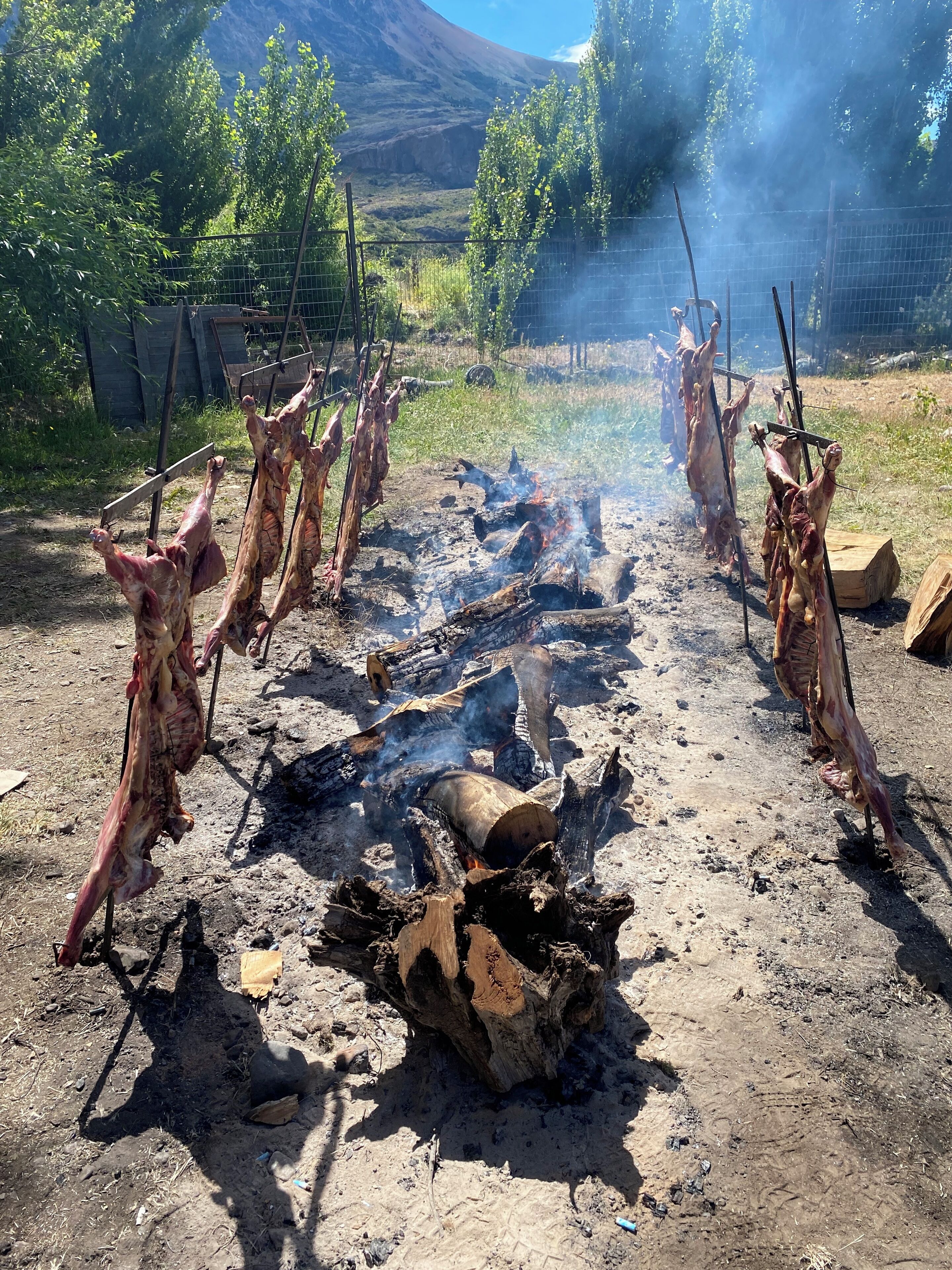 Una cocina tradicional al aire libre con varios pinchos de carne sobre fuego abierto.