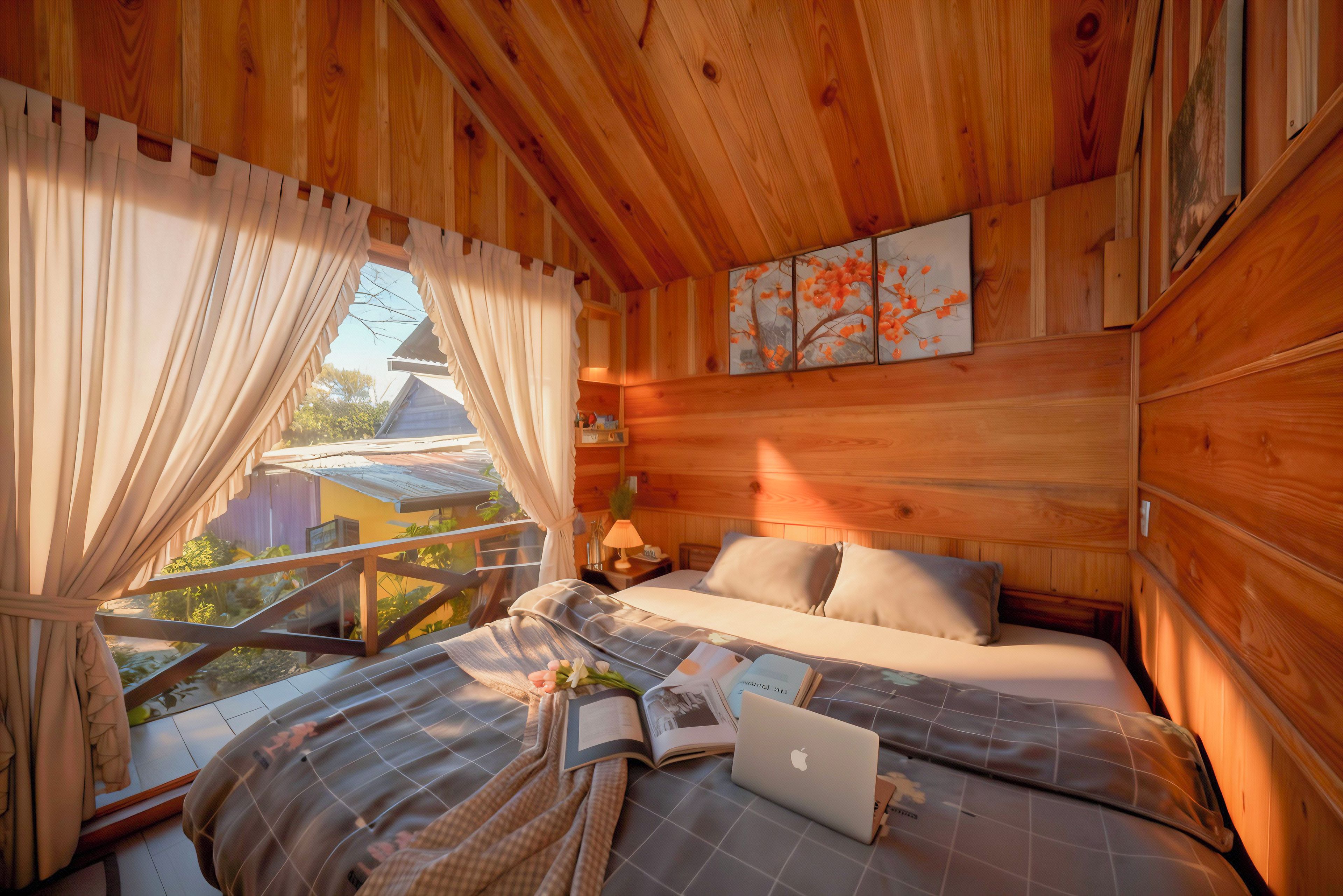 A wooden cabin bedroom with a bed, a laptop, and a window with curtains.