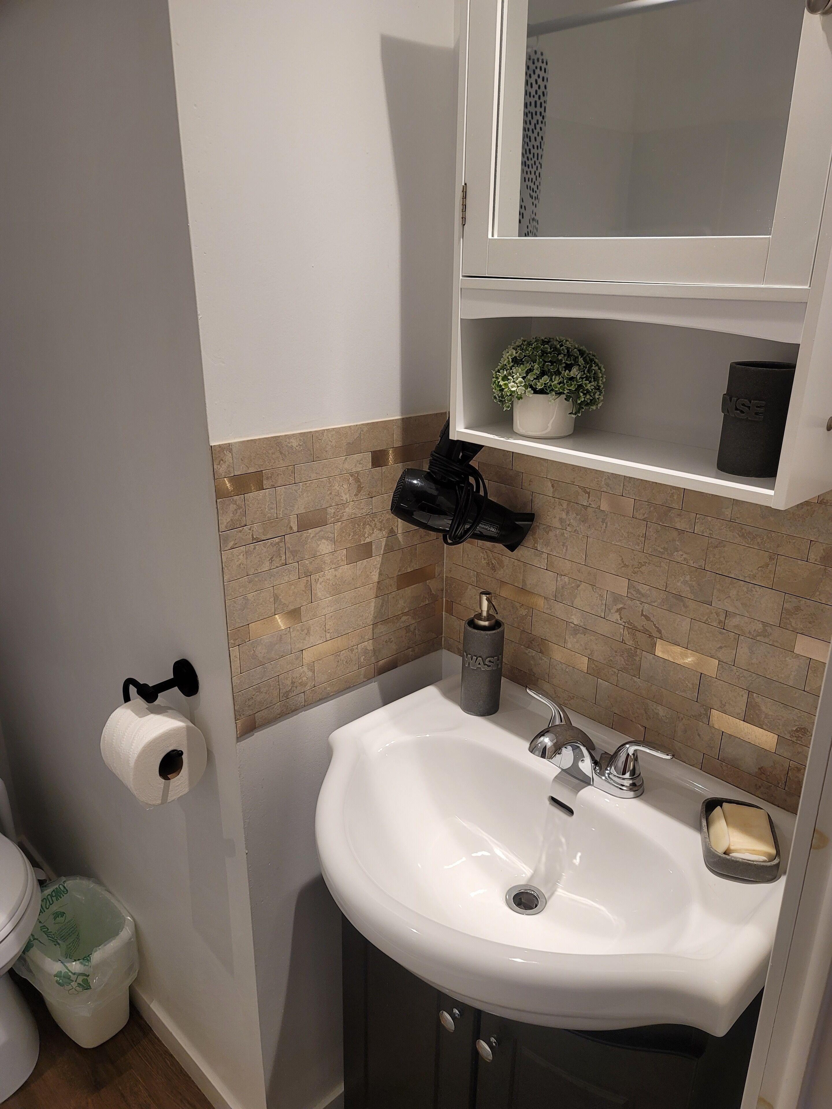 Hair dryer, towels, soap, shampoo