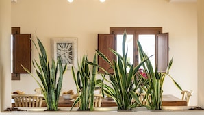A room with a dining table, chairs, potted plants, a wall clock, and a ceiling light fixture. - New! Villa Can Jaume Arabí de Baix (Puig d'en Valls)