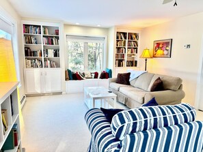 Smart TV, fireplace, DVD player, books
