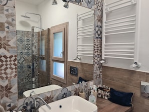 Shower, hair dryer, bidet, towels