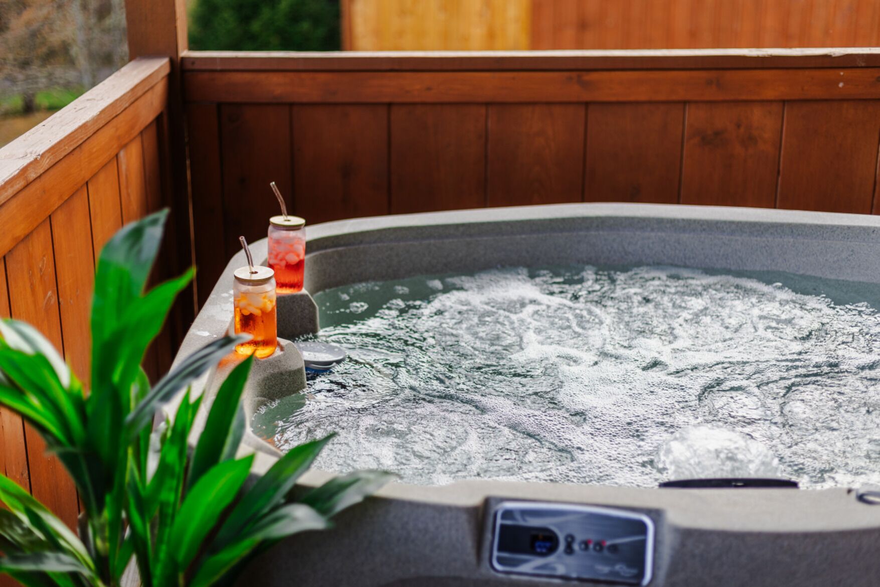 A hot tub with two drinks, surrounded by wooden panels and greenery.