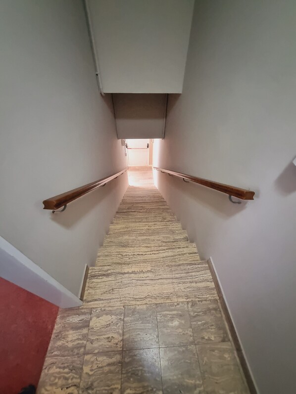 A narrow staircase with wooden handrails, leading to a bright room at the top. - Guanaco Hostel (Puerto Madryn)