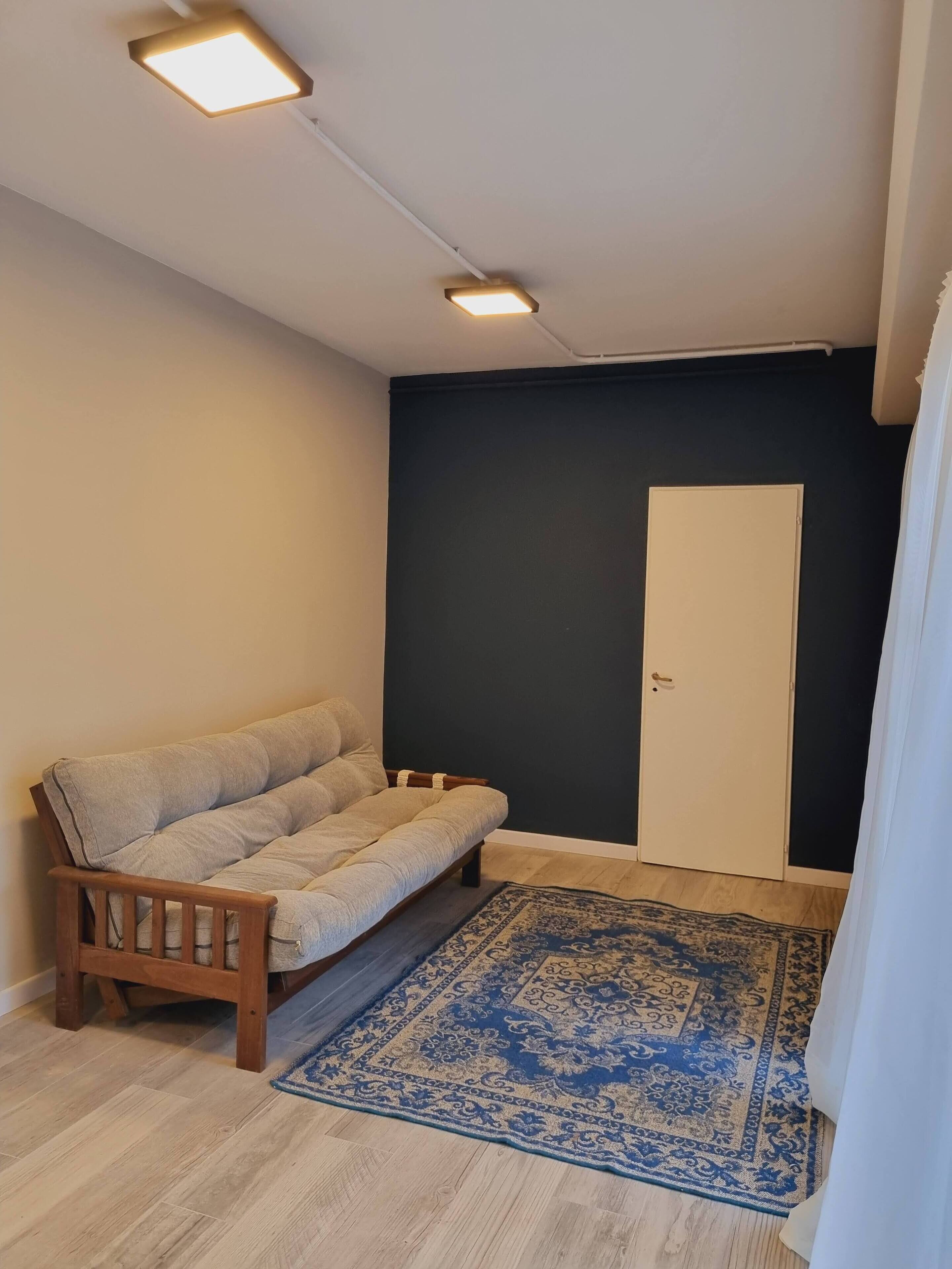 A room with a sofa, a patterned rug, a door, and ceiling lights.