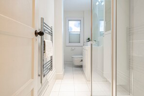 Shower, towels, toilet paper