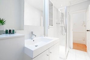Shower, towels, toilet paper