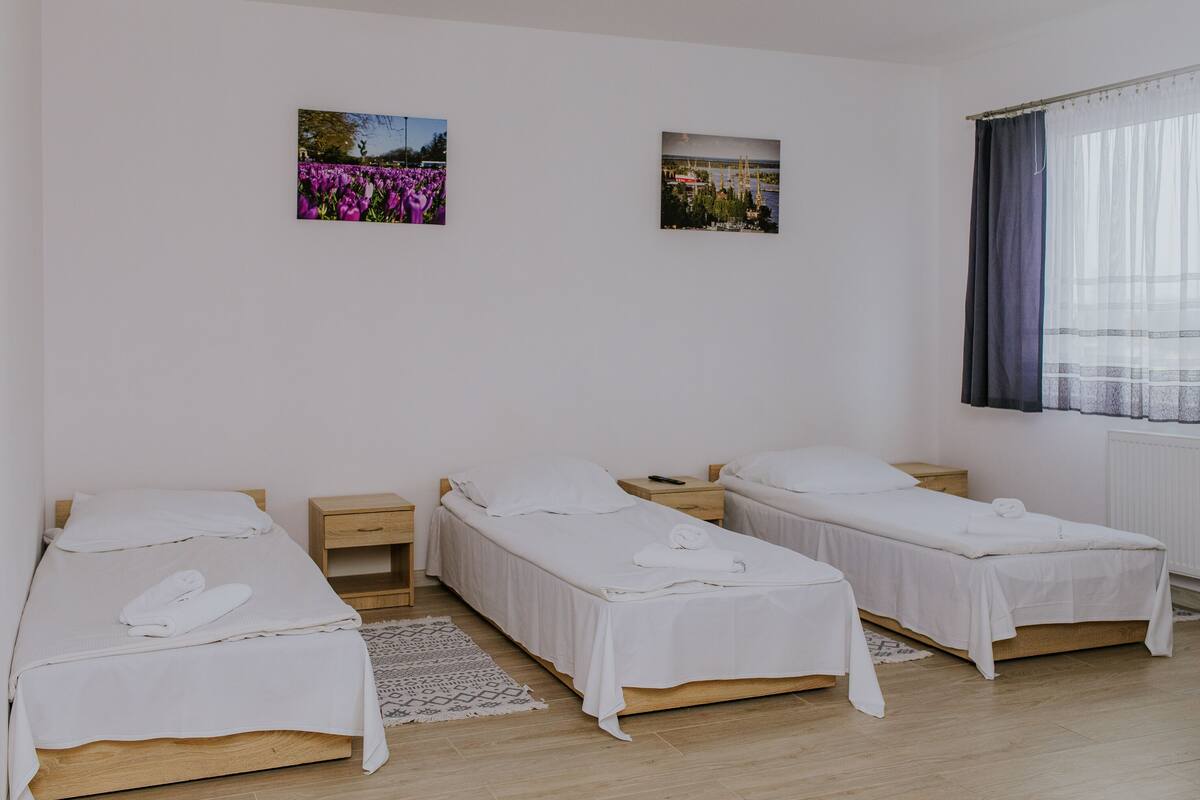 Une chambre d’hôtel avec trois lits simples, un plancher en bois, un mur blanc et deux tableaux encadrés.