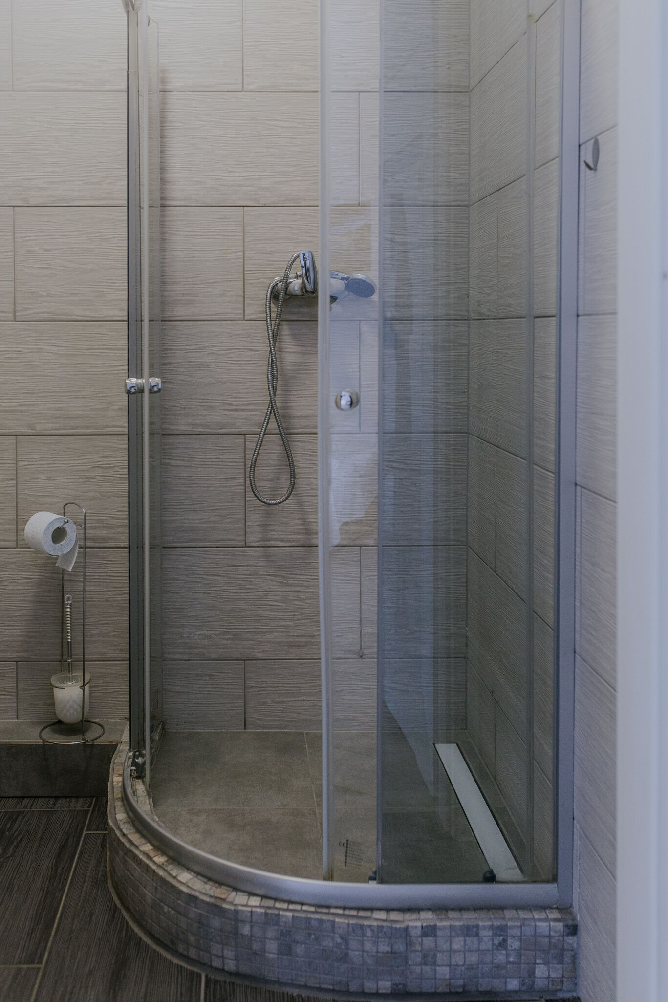A glass-enclosed shower stall with a handheld showerhead, a toilet paper holder, and a small trash can.