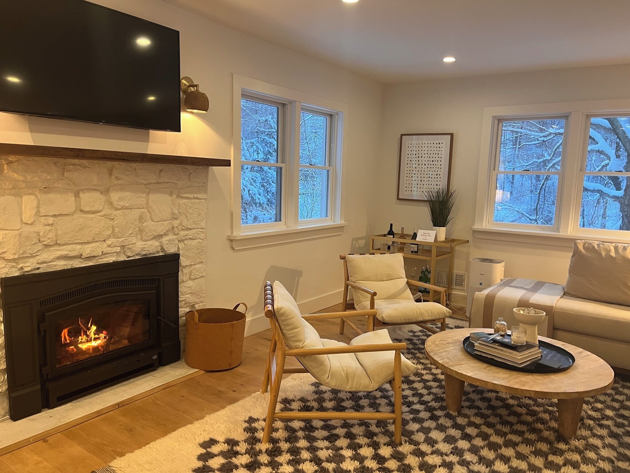 TV connectée, cheminée, livres, chaîne hi-fi