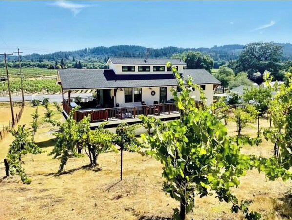 Una casa de dos pisos con un balcón, rodeada de viñedos y un paisaje montañoso.