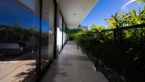 A modern corridor with glass walls, a wooden floor, and a green plant-lined path. - KUKO SUITES (Chilpancingo de los Bravo)