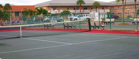 Una cancha de tenis con una red, rodeada por una valla y palmeras.