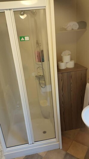 A bathroom with a glass-enclosed shower, a wooden cabinet with toiletries, and a white sink. - 3 bed Static 12ft Caravan Home From Home Somerset (Watchet)
