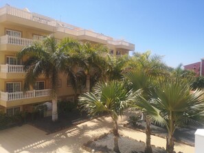 Stunning hotel with a symmetrical design, featuring a paved courtyard with palm trees and tropical plants.