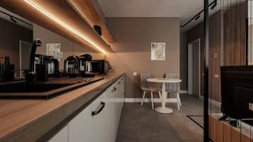 Business Apartment | Private kitchen | Microwave, coffee grinder, cookware/dishes/utensils, cleaning supplies
