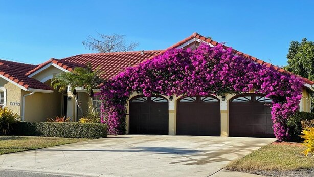 Een huis met een garage, een oprit en een tuin met paarse bloemen.
