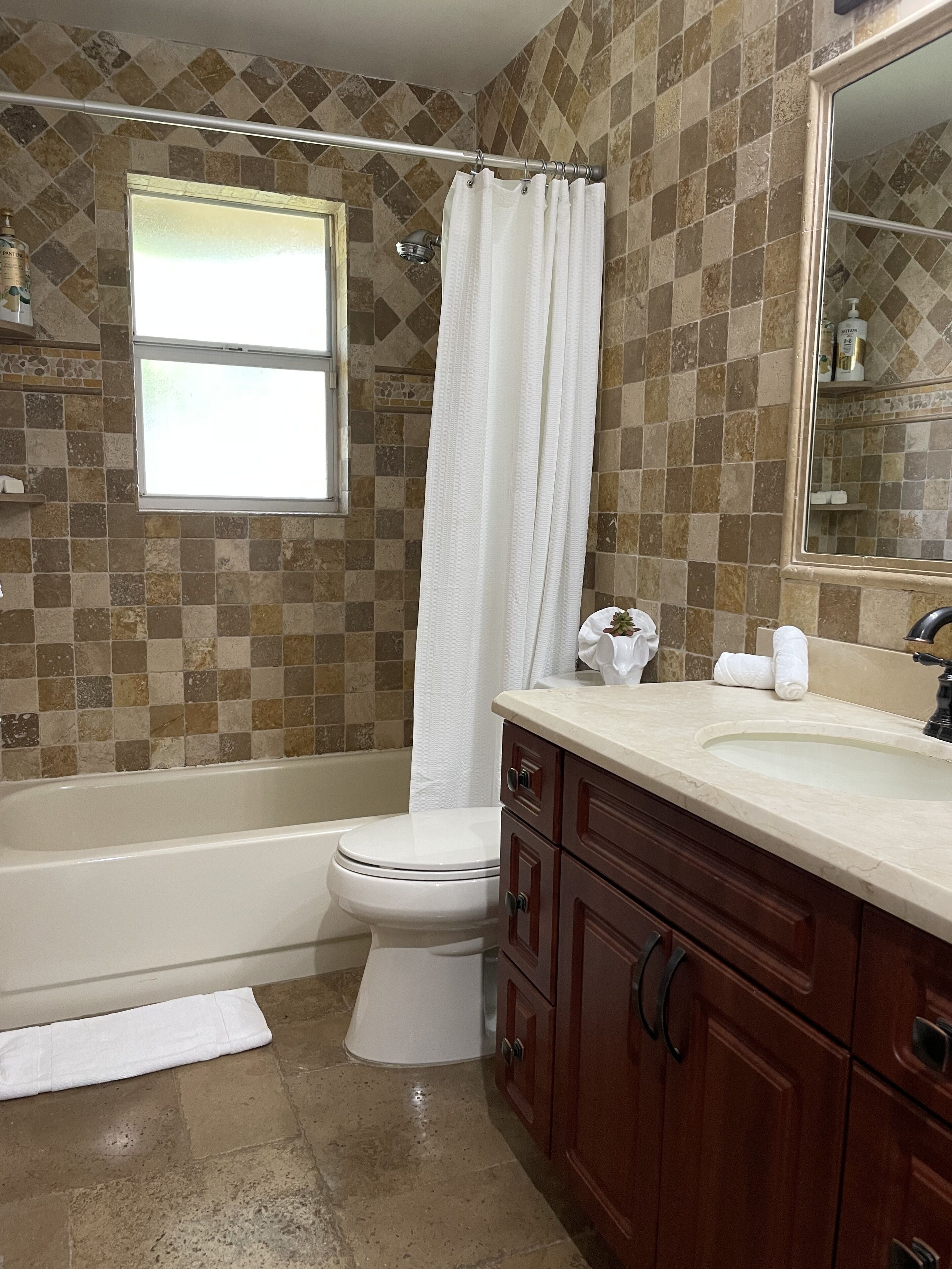 Hair dryer, bidet, towels, soap