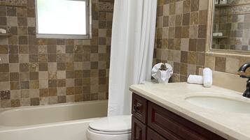 Hair dryer, bidet, towels, soap