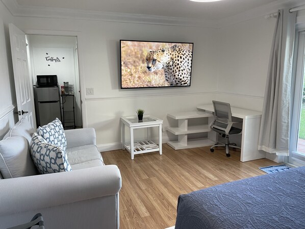 A modern hotel room with a sofa, a desk, a television displaying a cheetah, and a view of the outdoors. - Delightful Studio in Wellington (Wellington)