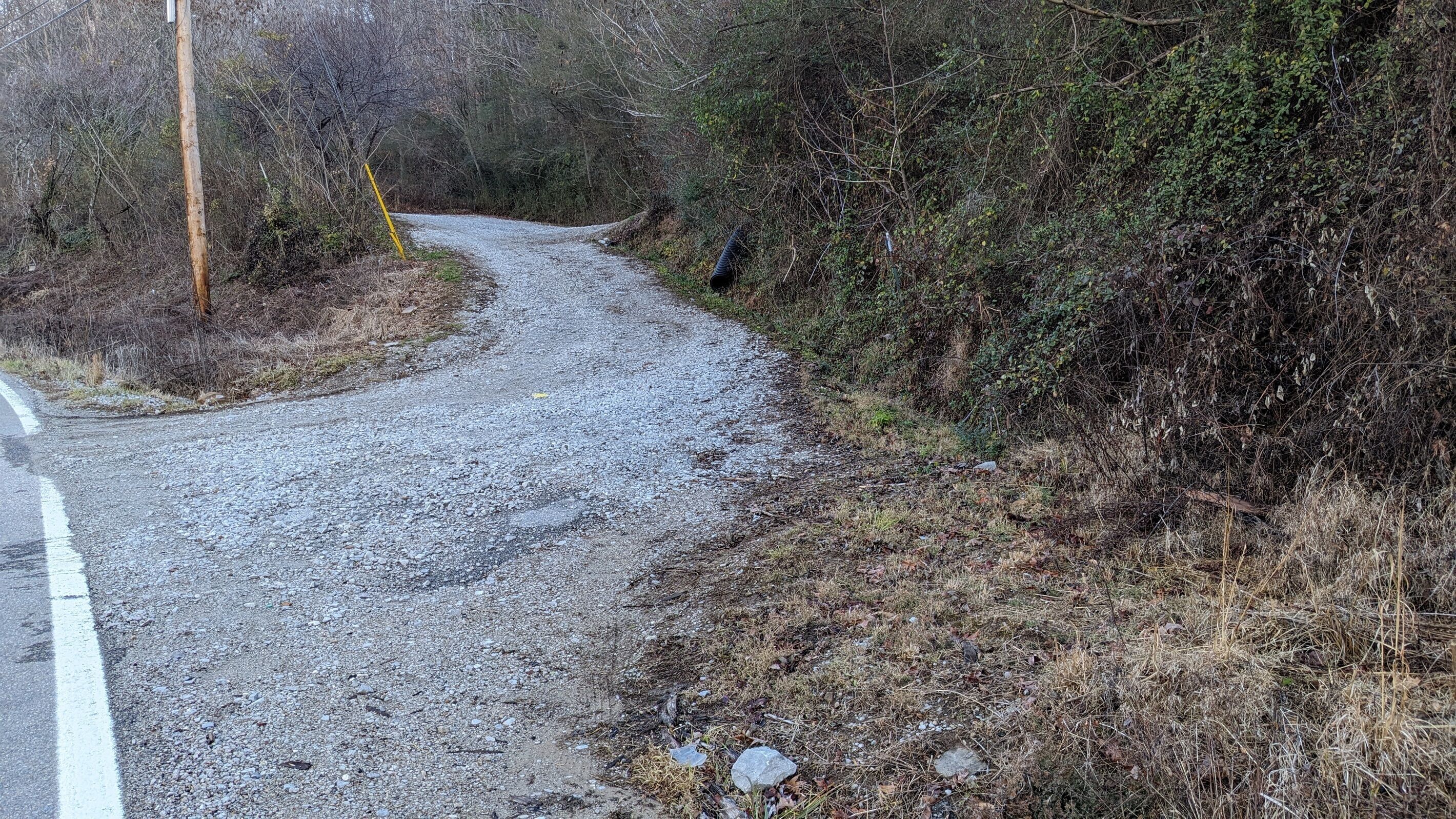 Un chemin de gravier qui serpente à travers une zone boisée, avec un poteau électrique et un marqueur jaune sur le côté gauche.