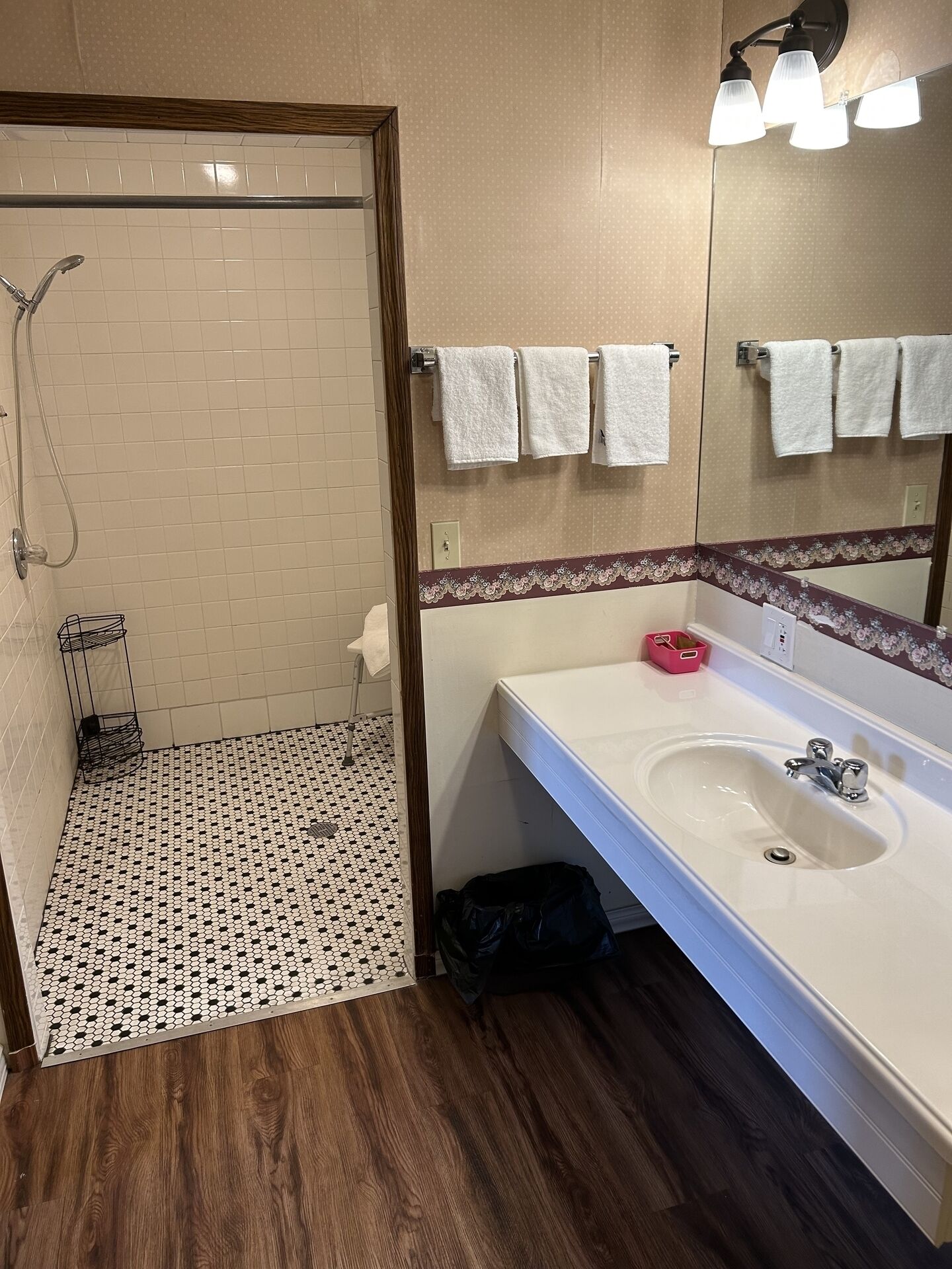 A bathroom with a shower, a sink, and a mirror.