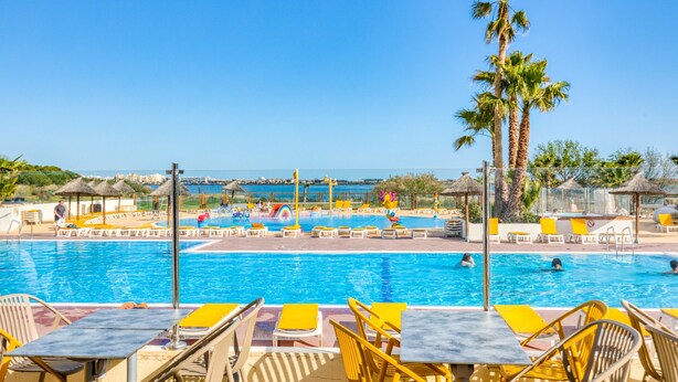 A pool area with lounge chairs, a palm tree, and a view of the sea. - Mobile Home 'Le 370' with Shared Pool, Private Terrace and Private Garden Lattes (Lattes)