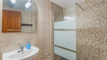 Regadera, secadora de cabello, toallas