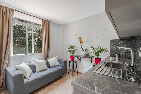 A modern living room with a grey sofa, a kitchen with a sink and marble countertop, and potted plants.