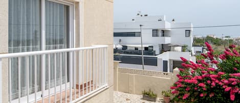 A balcony with a white railing, a window with curtains, and a potted plant with pink flowers.