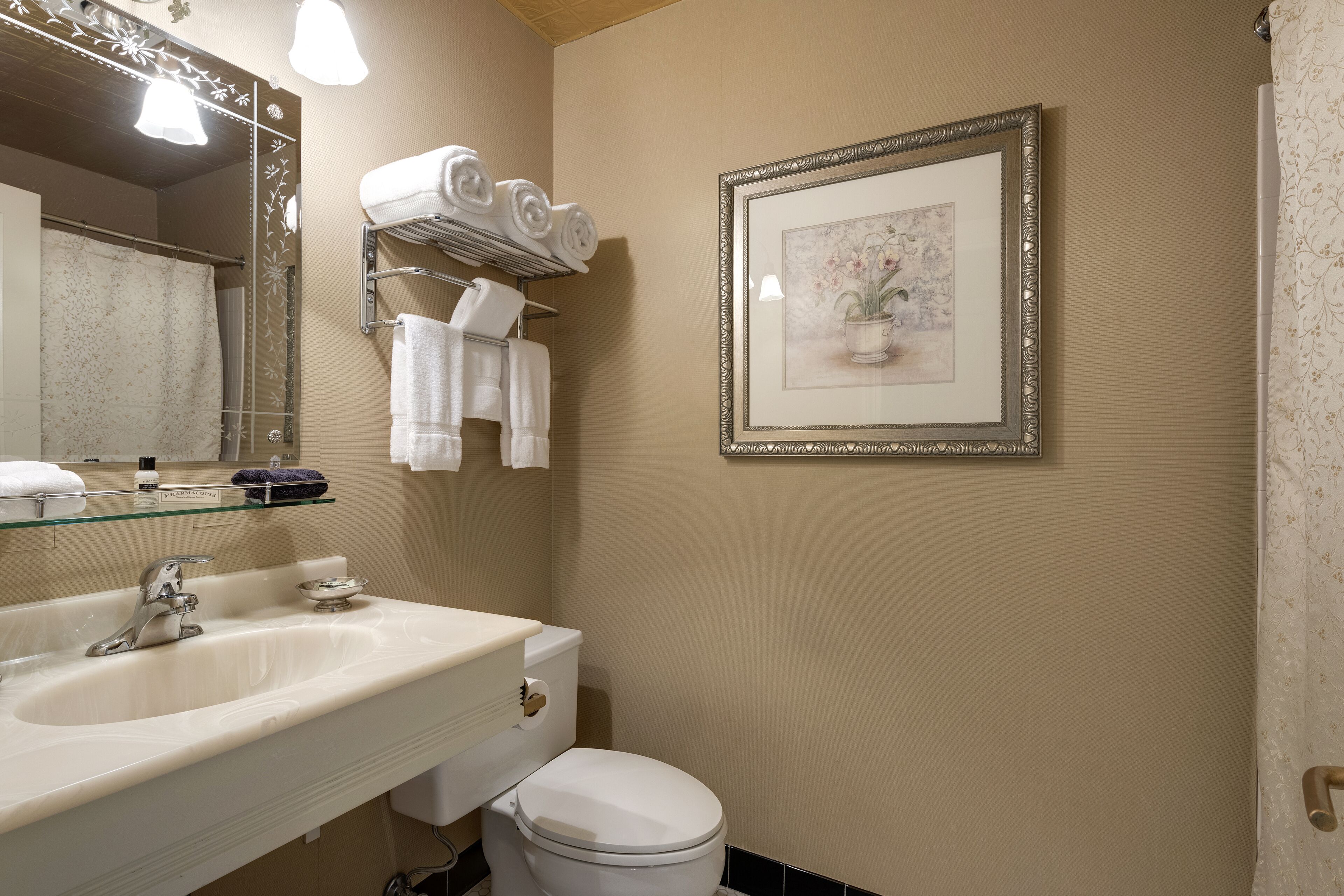 A bathroom with a sink, mirror, towel rack, toilet, and framed artwork.