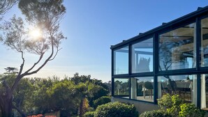 Une maison moderne en verre offrant une vue sur le jardin et les arbres environnants.
