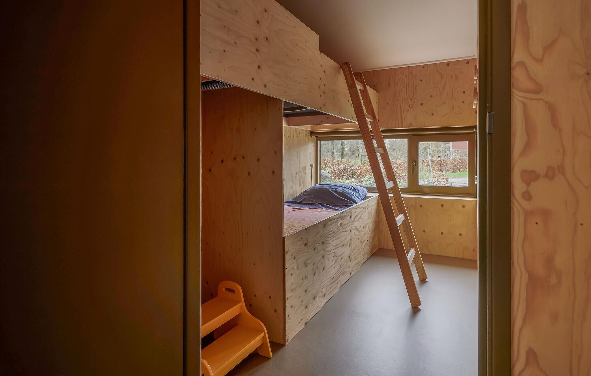 A compact room with a bunk bed, a window with a view of trees, and a wooden ladder.