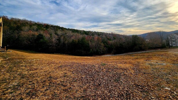 A rural landscape with a field, trees, and a distant building. - Mountaintop Hideaway
Walk-In Condo - King Bed - Lake view - NEXT TO SDC (Branson)