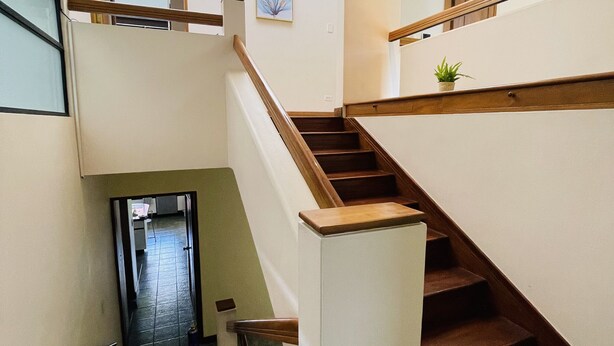 A multi-level staircase with wooden handrails and a potted plant on the upper landing. - The Rainier Bed & Breakfast (San José)