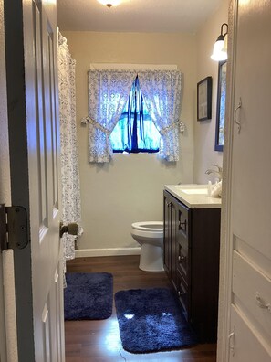 Hair dryer, towels, soap, toilet paper